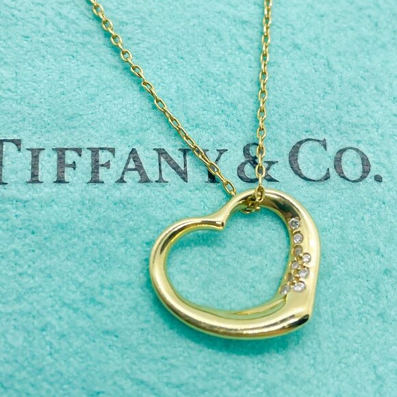 Tiffany & Co. Peretti 18K Gold Diamond 15mm Open Heart Pendant Necklace 18" - Picture 2 of 13